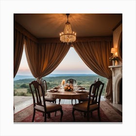 An Elegant Luxurious Tent Interior Features A Dining Table Set For A Meal With Curtains And Fireplace Creating A Cozy Atmosphere 2 Canvas Print