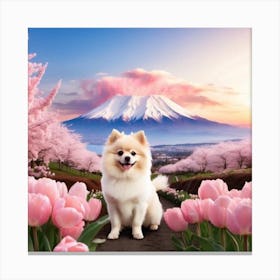 Dog In Pink Tulips Canvas Print