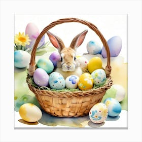 Photo of Easter bunny peek from a basket, with bright painted eggs nearby, and loose watercolor stains on background Canvas Print