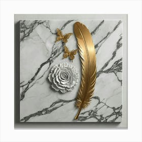 Gold Feather And Flower On Marble Canvas Print