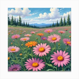 Close Up Of Pink Daisies In A Summer Meadow Canvas Print