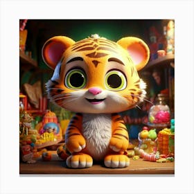 Firefly 3d, Animated, Cute, Little, Happy, Green, Tiger, Yellow Eyes, Candy, Store, Whimsical, Playf (1) 1 Canvas Print