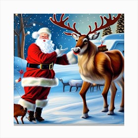 Santa And Christmas Reindeer Canvas Print