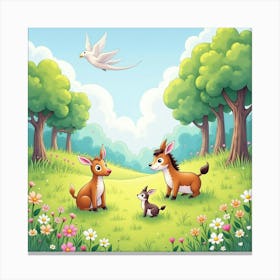 Enchanted Meadow With Magical Animals, Watercolor 1 Canvas Print