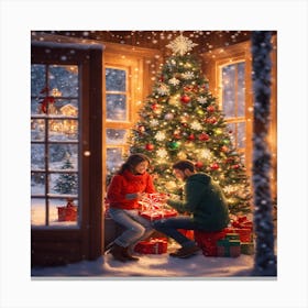 Couple Opening Christmas Gifts Canvas Print