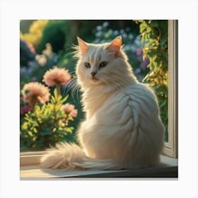 White Cat Sitting On Window Sill 1 Canvas Print