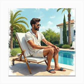 Stylish Italian Man In Watercolor, Relaxing At A Mediterranean Villa Canvas Print