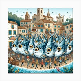 A Whimsical Sardine Parade Through A Mediterranean Village, Style Cartoon Illustration 2 Canvas Print