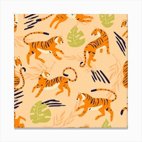 Tiger Pattern On Beige With Tropical Decoration Square Canvas Print