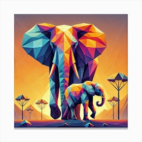 Low Poly Elephants At Sunset Canvas Print