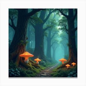 An Enchanted Forest With Towering, Ancient Trees And Glowing Fungi 1 Canvas Print