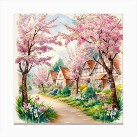 Spring And Blooming Village, With Trees And Flowers, Detailed Watercolor Illustration In Classic Style Canvas Print