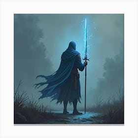 A Warrior Standing In A Battlefield, Sword Glowing Blue 1 Canvas Print