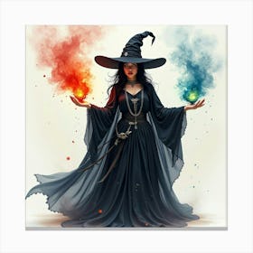 Black Magic Sorceress With A Colorful Watercolor Spell 1 Canvas Print