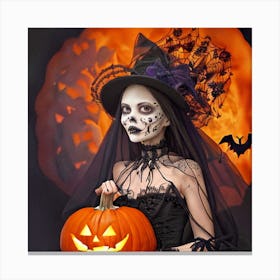 Halloween Girl With Pumpkin Photo Canvas Print