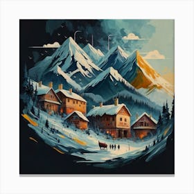 Abstract painting of a mountain village with snow falling 8 Canvas Print