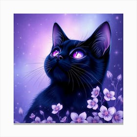 Black Cat With Purple Flowers 1 Canvas Print