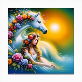 White Horse With Flowers Canvas Print