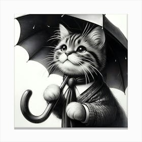 A Black And White Pencil Sketch Of A Cat Holding An Umbrella 4 Canvas Print