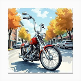 Chopper Bike In A Lively City Street Watercolor Scene 1 Canvas Print