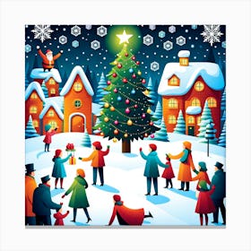 Christmas Village, Rein deer, Christmas Tree art, Christmas Tree, Christmas vector art, Vector Art, Christmas art, Christmas, happy people  Canvas Print