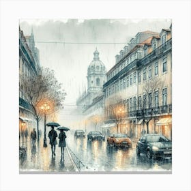 Captivating Watercolor and Ink Sketch: Enchanting Street Scene in Lisbon Amidst Rain by the Tejo River. Canvas Print