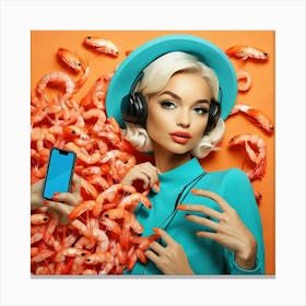 Young Woman Listening To Music And Eating Shrimp Canvas Print