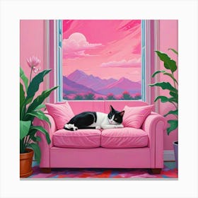 Cat On A Pink Couch 1 Canvas Print