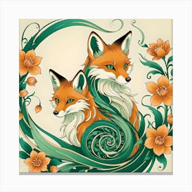 Two Foxes Between Orange Flowers and Green Spirals Canvas Print