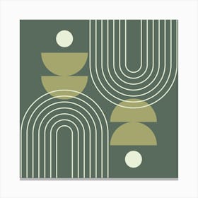 Modern Mid Century Sun, Moon Phases and Rainbow Abstract 21 in Forest Sage Green Canvas Print