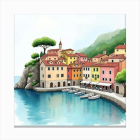 Peaceful Watercolor Of An Italian Coastal Village, With Calm Waters And Colorful Facades 1 Canvas Print