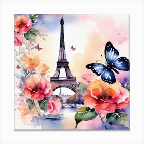 Paris With Roses And Butterflies Canvas Print