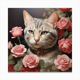 Domestic Shorthair Cat With Roses art Canvas Print