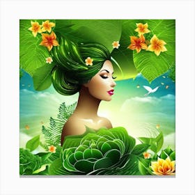 Green Woman With Flowers Canvas Print