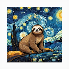 Sloth Cartoon At Starry Night Van Gogh Canvas Print