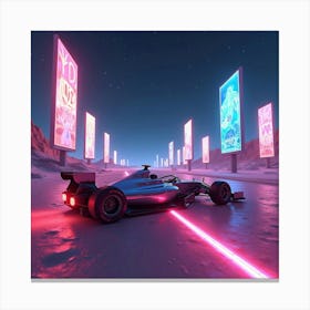 Formula Car Blazing Across A Neon Lit Desert With Towering Holographic Billboards 1 Canvas Print