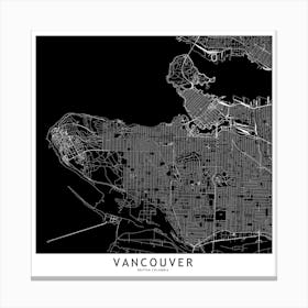 Vancouver Black And White Map Square Canvas Print