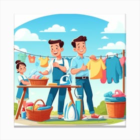 Family Washing Clothes In The Garden Canvas Print
