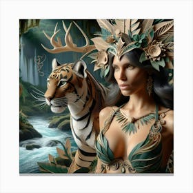 Tiger And Woman In The Jungle Canvas Print