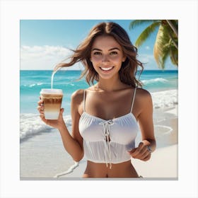 Beautiful Woman On The Beach With Coffee Canvas Print
