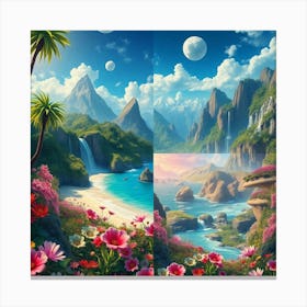 Beautiful Landscape With Waterfall And Flowers Canvas Print