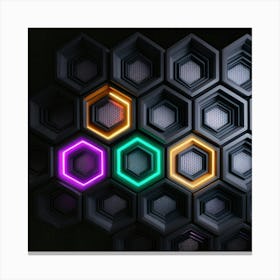 Hexagonal shapes with neon lights, futuristic, cyberpunk, background 13 Canvas Print