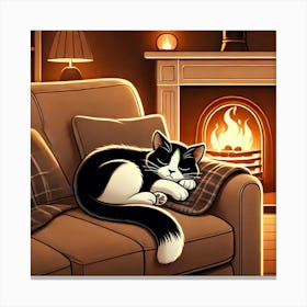 Cat Sleeping In Front Of Fireplace Canvas Print