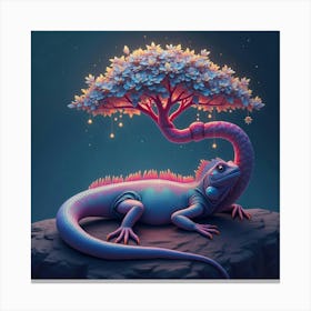 A Dreamy Iguana With Iridescent Scales Basking Under A Magical, Glowing Tree Canvas Print