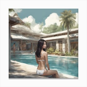 A beautiful young asian woman is wearing bikini beside swimming pool Canvas Print