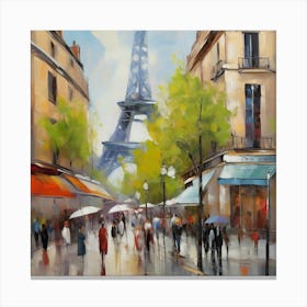 Paris Eiffel Tower.Paris city, pedestrians, cafes, oil paints, spring colors. Canvas Print