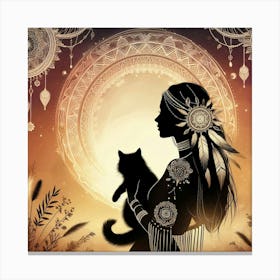 Boho art Silhouette of woman with cat 3 Canvas Print