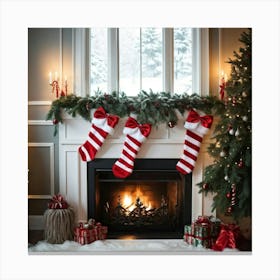 Festive Banner Draping Above A Fireplace Mantle Entwined With Candy Cane Decorations Red And White (3) Canvas Print