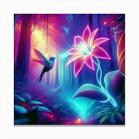 A Hummingbird In A Neon Flower With An Ethereal Light -Magical Forest Canvas Print