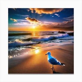 Seagull On The Beach At Sunset Canvas Print